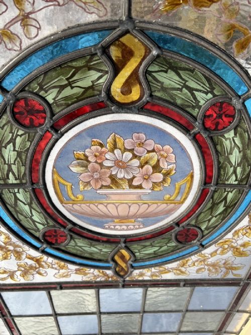 Antique Leaded And Painted Window Flowers