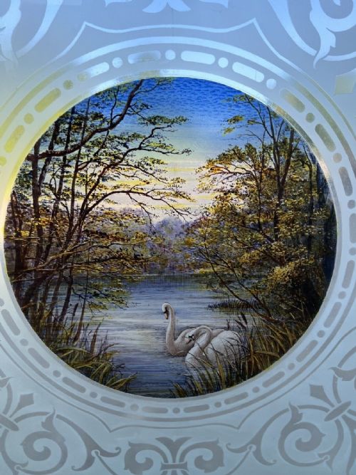 ETCHED AND PAINTED GLASS WINDOW WITH PAINTED SWANS - ADDITIONAL PHOTO 2