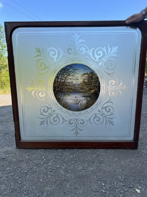 ETCHED AND PAINTED GLASS WINDOW WITH PAINTED SWANS - ADDITIONAL PHOTO 3