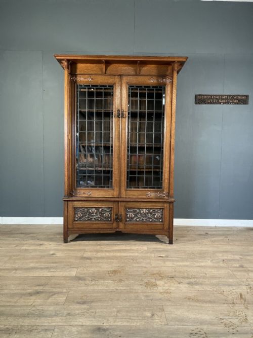 Arts and Crafts Oak Leaded Bookcase.