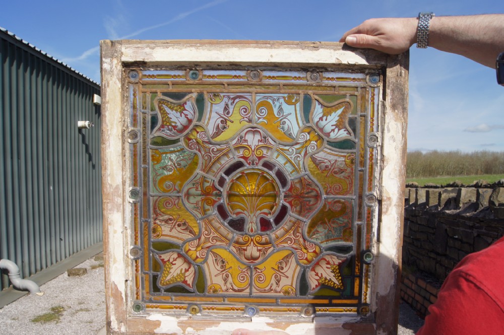 Pair of fabulous painted leaded glass windows
