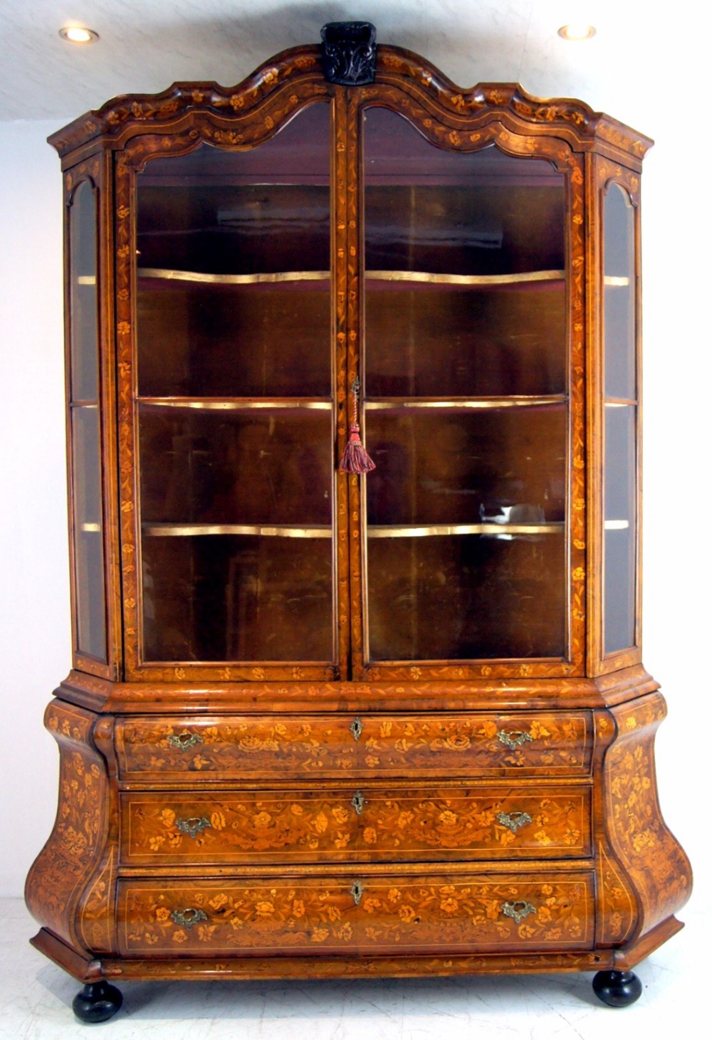 A breathtaking late 18th century Dutch walnut marquetry display cabinet on chest