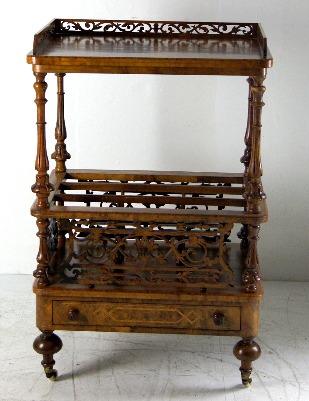 A burr walnut inlaid Victorian Canterbury 