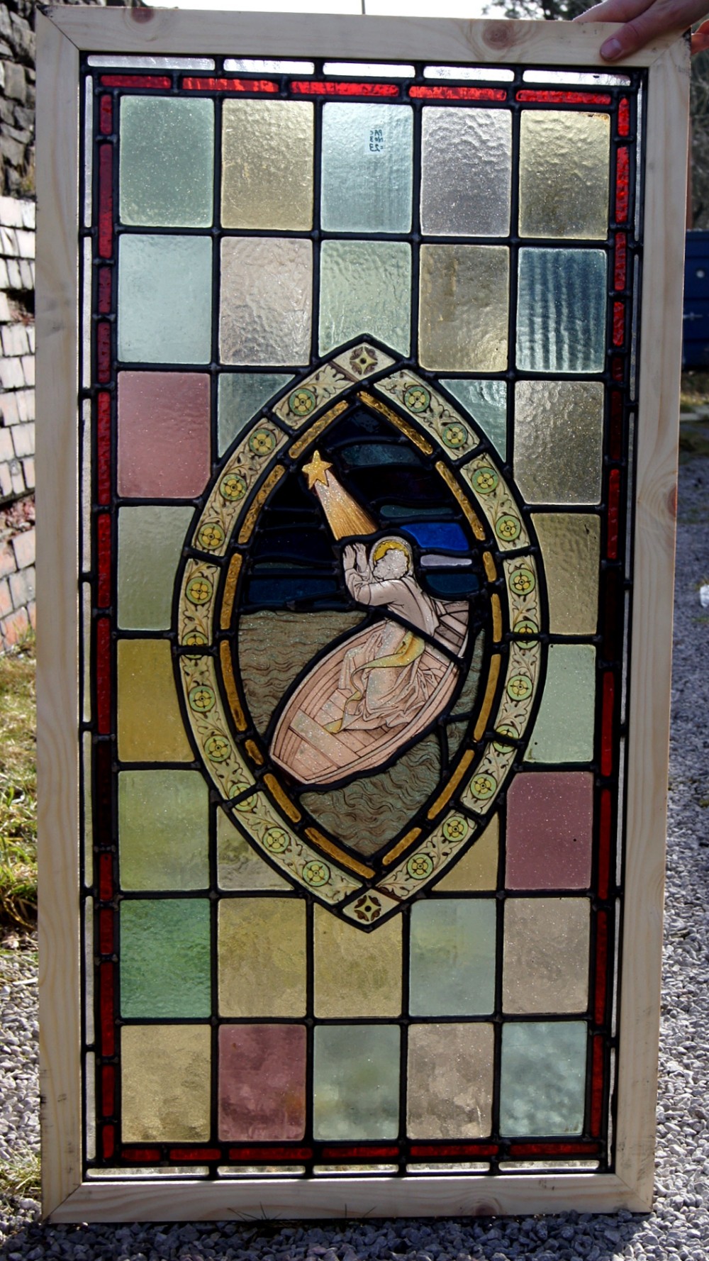 A fabulous crisp leaded glass painted scene window
