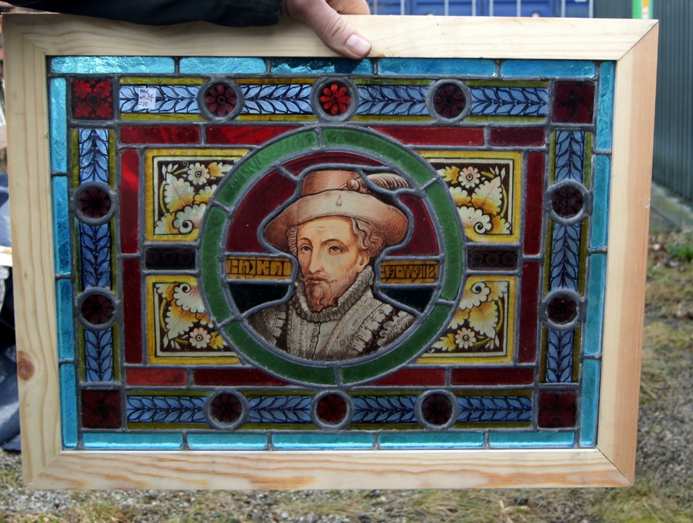 A stunning pair of painted leaded glass Victorian windows 