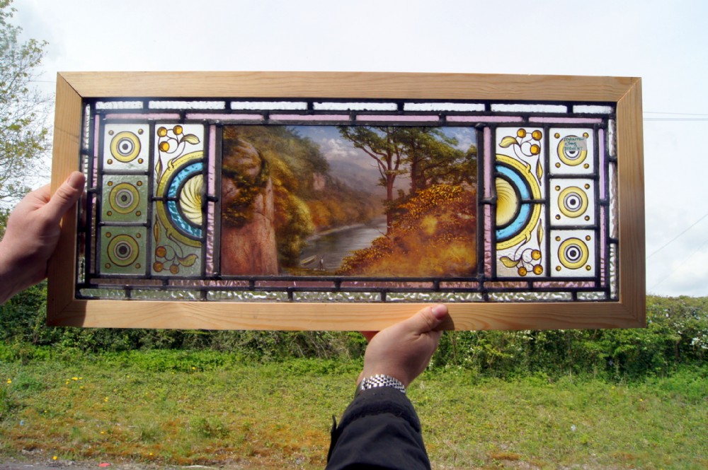 2 stunning painted leaded glass windows of the lake district 