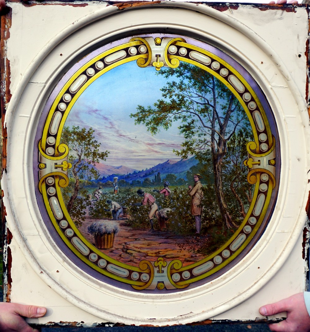 A stunning Victorian well painted window of cotton picking