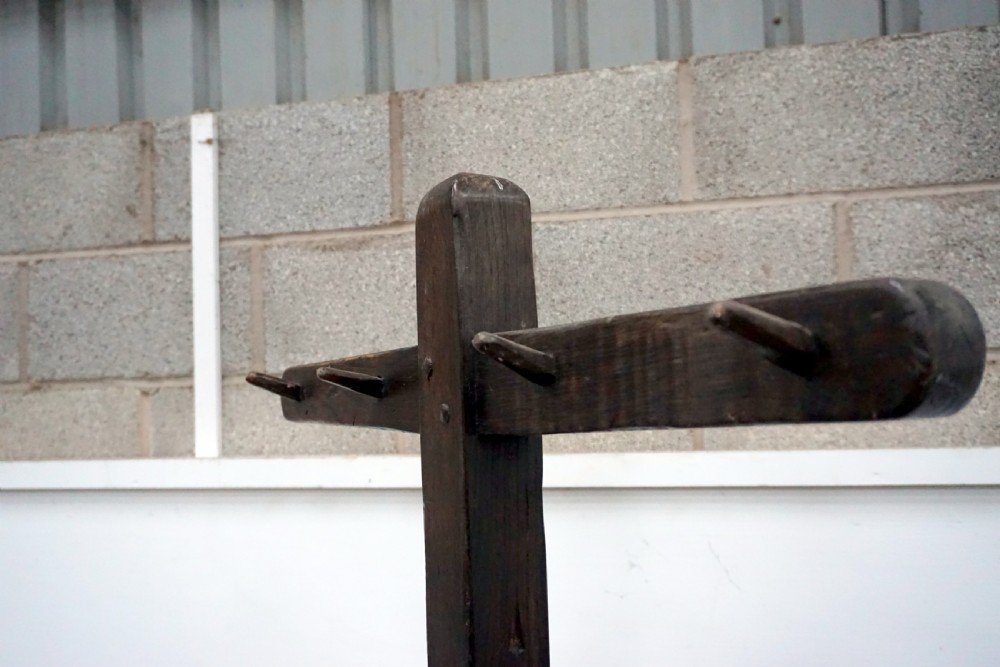 A very unusual arts and crafts solid oak double sided coat stand  View IV
