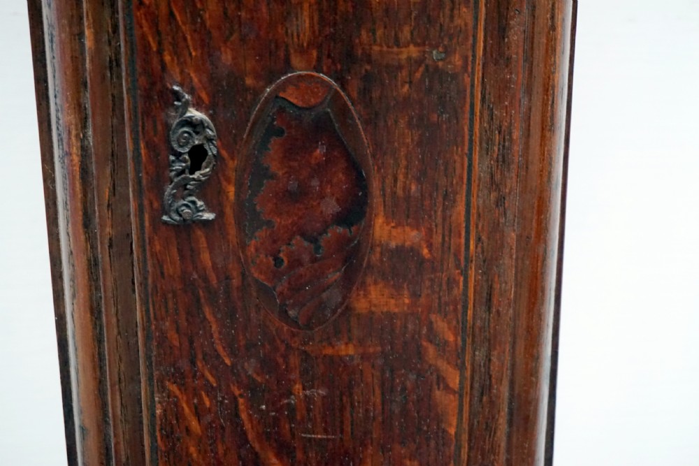 A dark oak granddaughter clock featuring a brass square dial with spandrels, carved cresting, an arched trunk door, and a moulded plinth base. View III