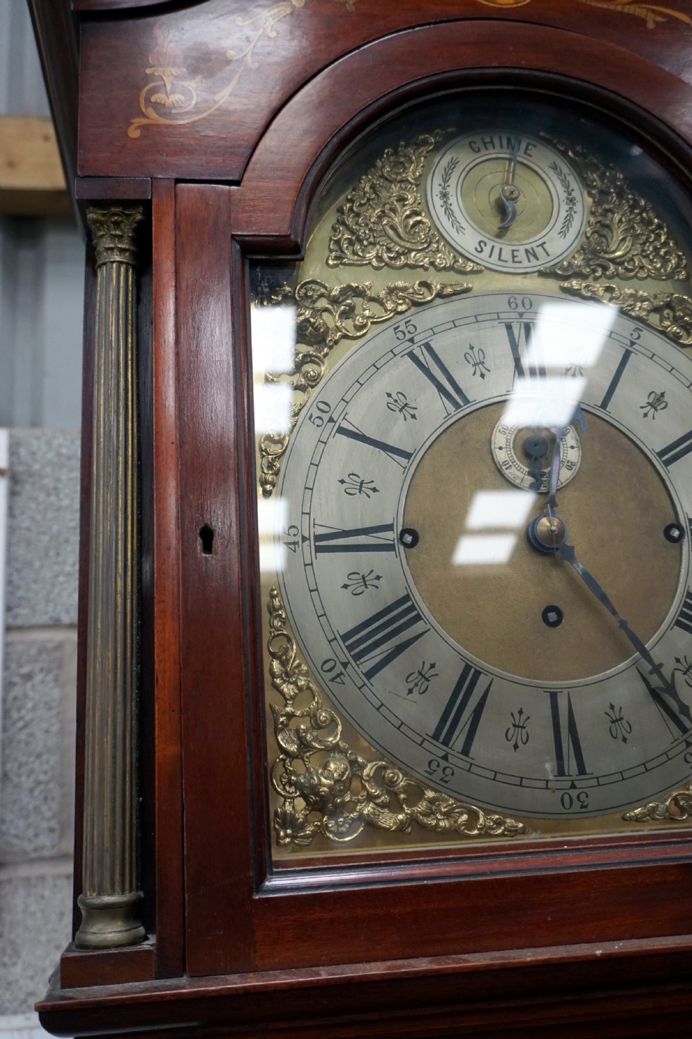 A good 3 train inlaid Edwardian mahogany Grandfather clock View IV