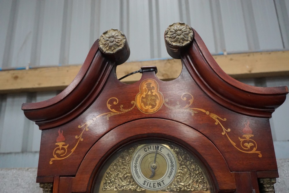 A good 3 train inlaid Edwardian mahogany Grandfather clock View VI