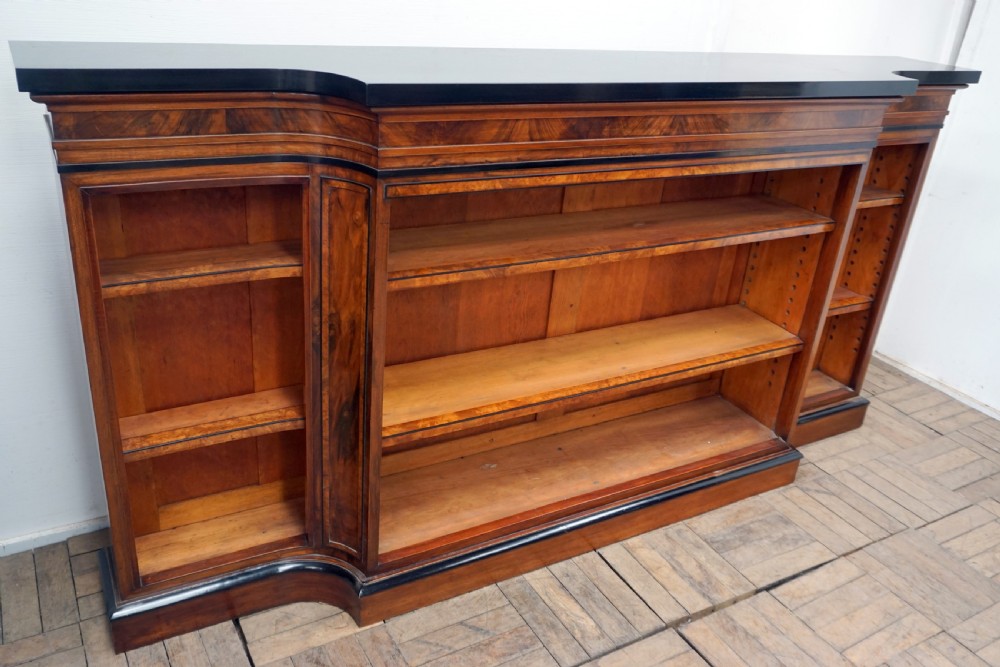 A magnificent narrow Victorian walnut and ebonised open shelf bookcase View IV
