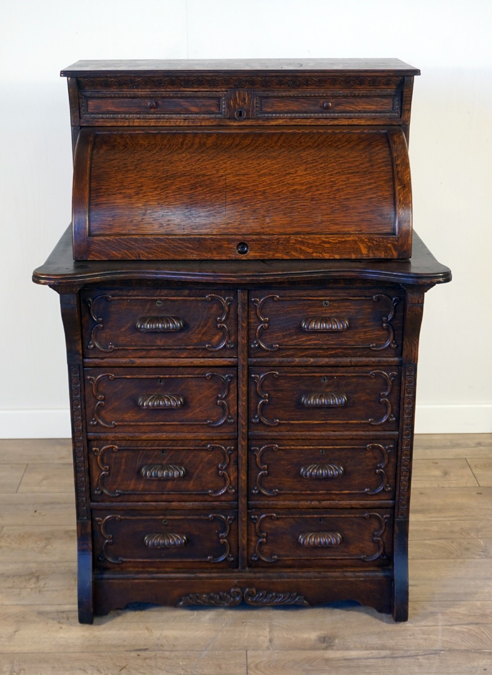 An unusual good quality solid oak cylinder desk View II