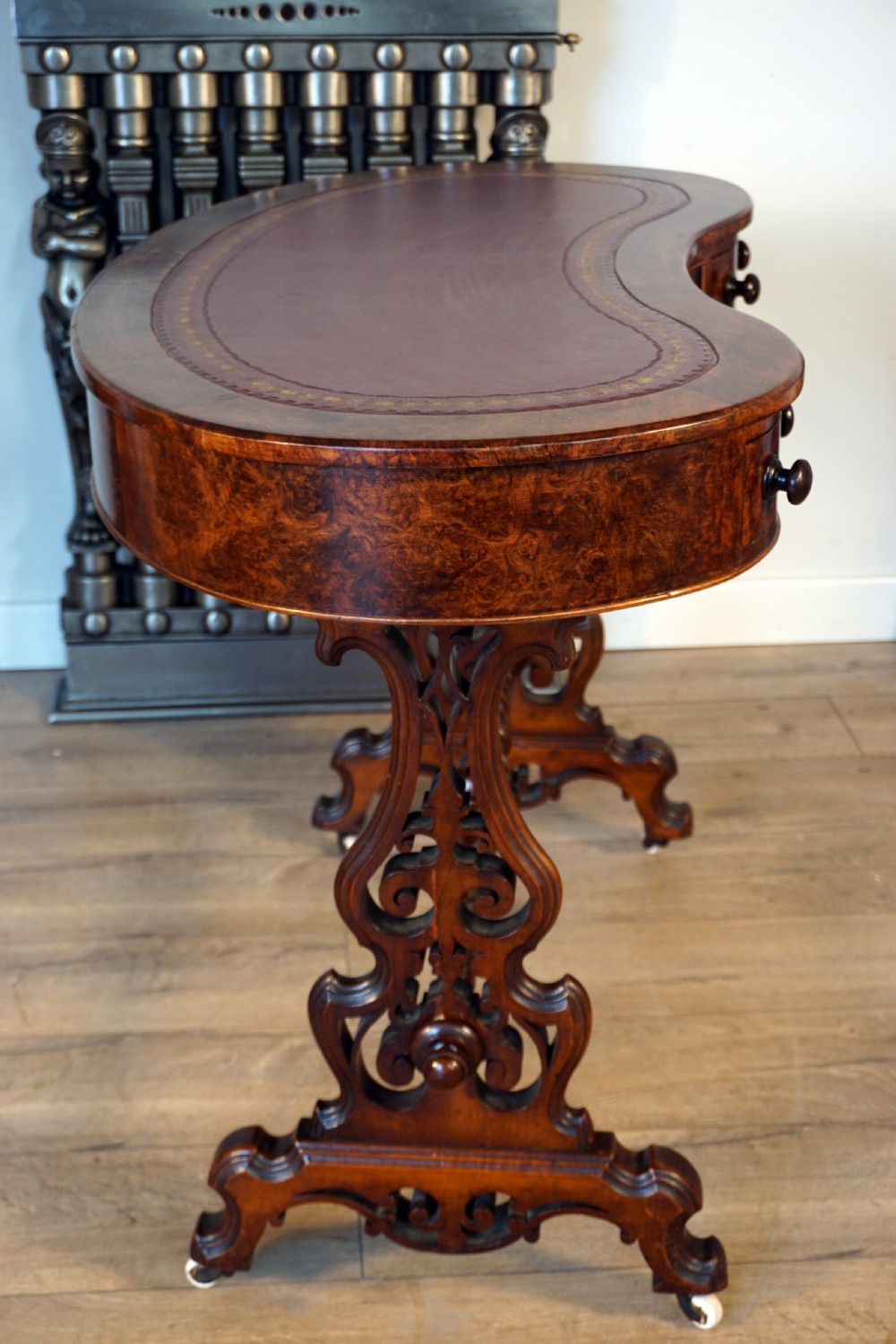 A good burr walnut leather top writing desk View VI