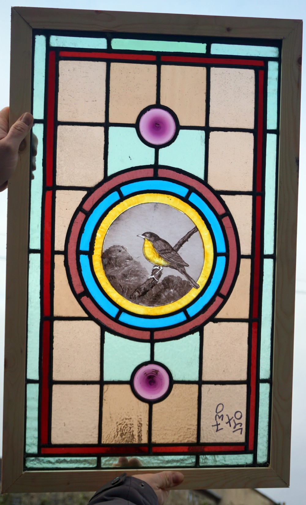A Wonderful Stained Glass Painted Bird Window