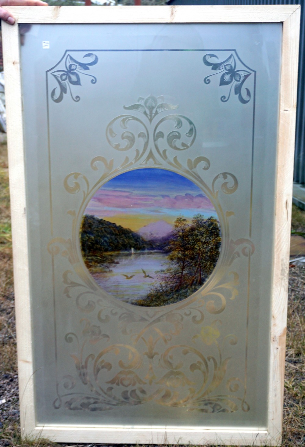 An exceptionally good pair of late Victorian etched plate glass and coloured windows