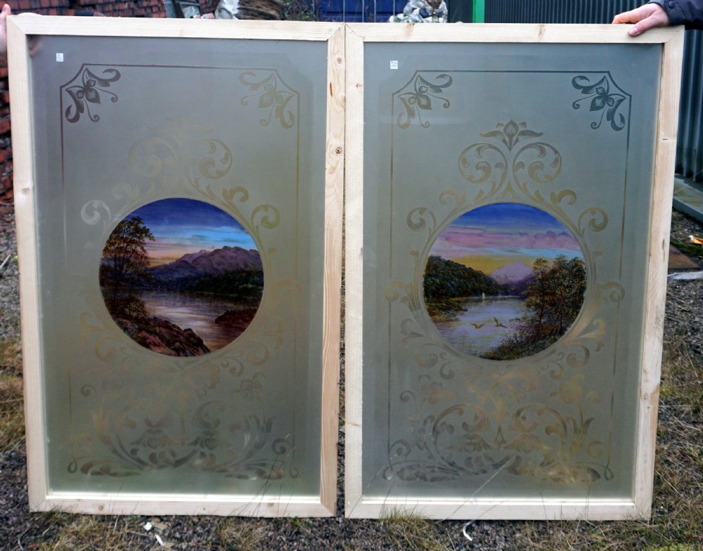 An exceptionally good pair of late Victorian etched plate glass and coloured windows View V