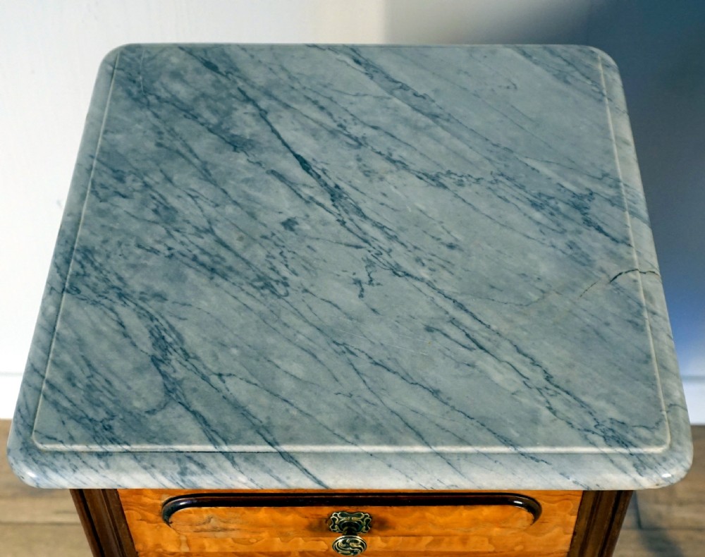 A good pair of French burr Sycamore marble top bedside cabinets  View III
