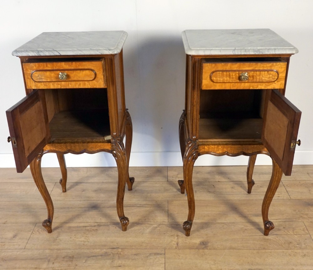 A good pair of French burr Sycamore marble top bedside cabinets  View V