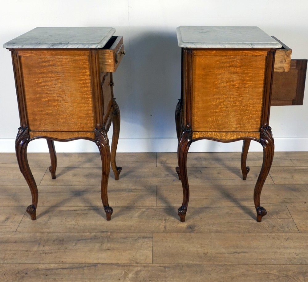 A good pair of French burr Sycamore marble top bedside cabinets  View VI