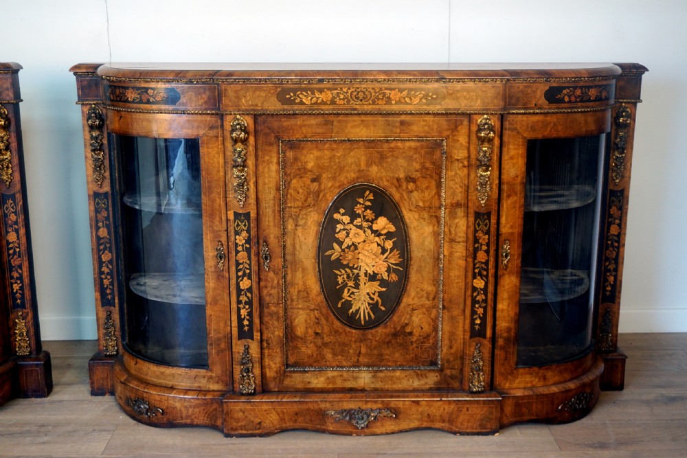 An outstanding matching pair of Victorian burr walnut ormolu and marquetry credenzas View III