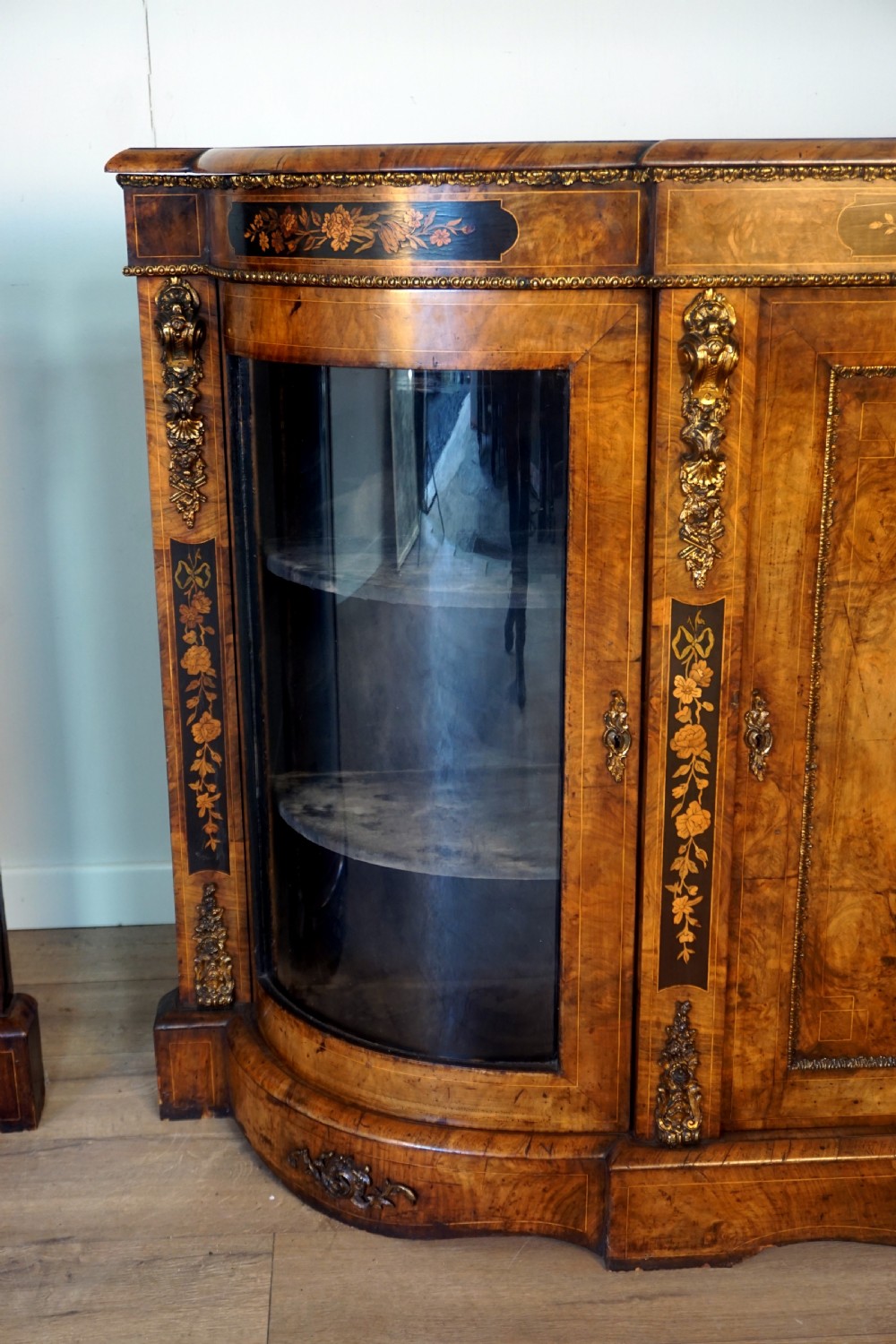 An outstanding matching pair of Victorian burr walnut ormolu and marquetry credenzas View IV
