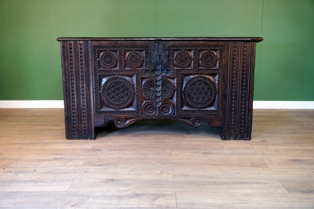 A Monumental chip carved Early English oak Coffer  View II