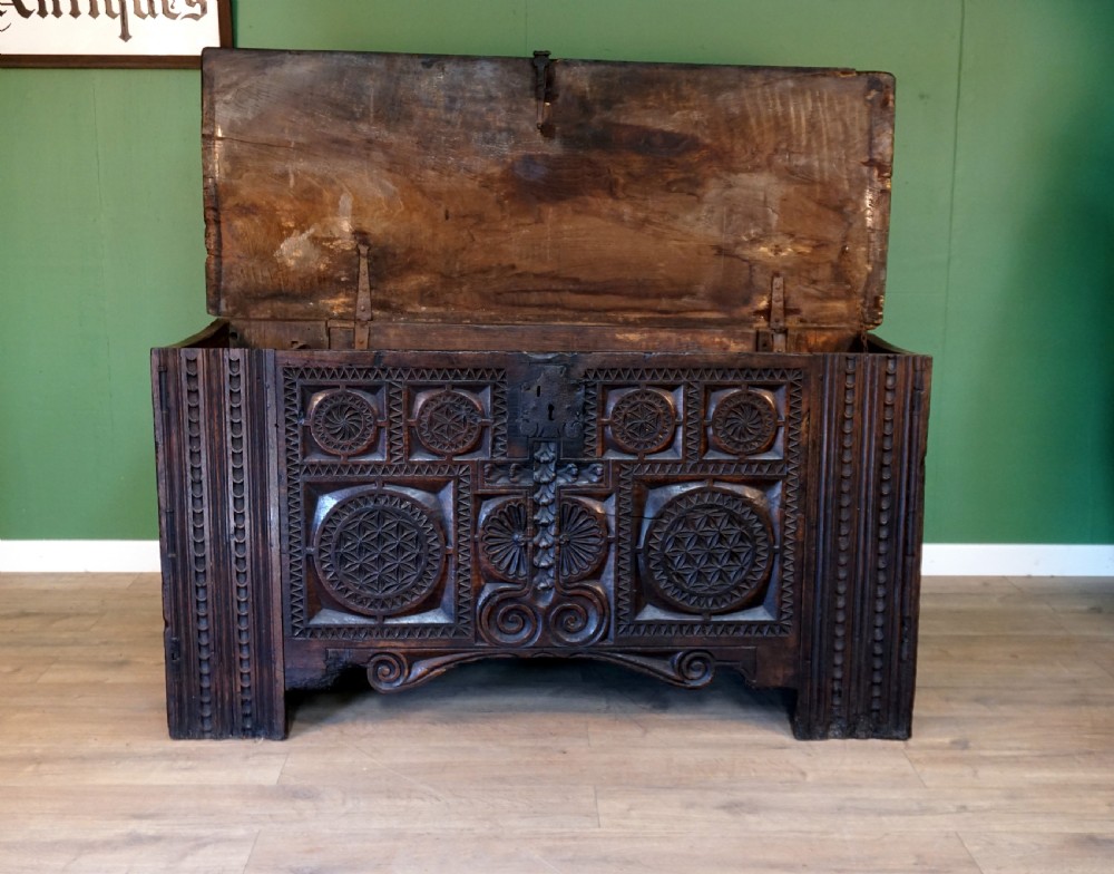 A Monumental chip carved Early English oak Coffer  View III