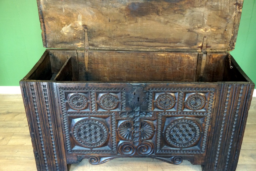 A Monumental chip carved Early English oak Coffer  View IV