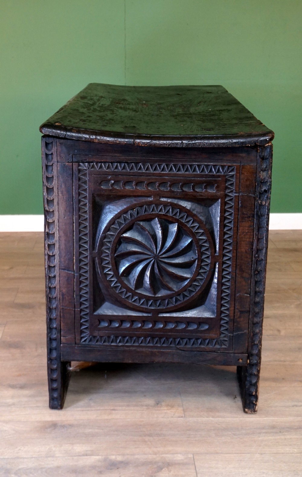 A Monumental chip carved Early English oak Coffer  View V