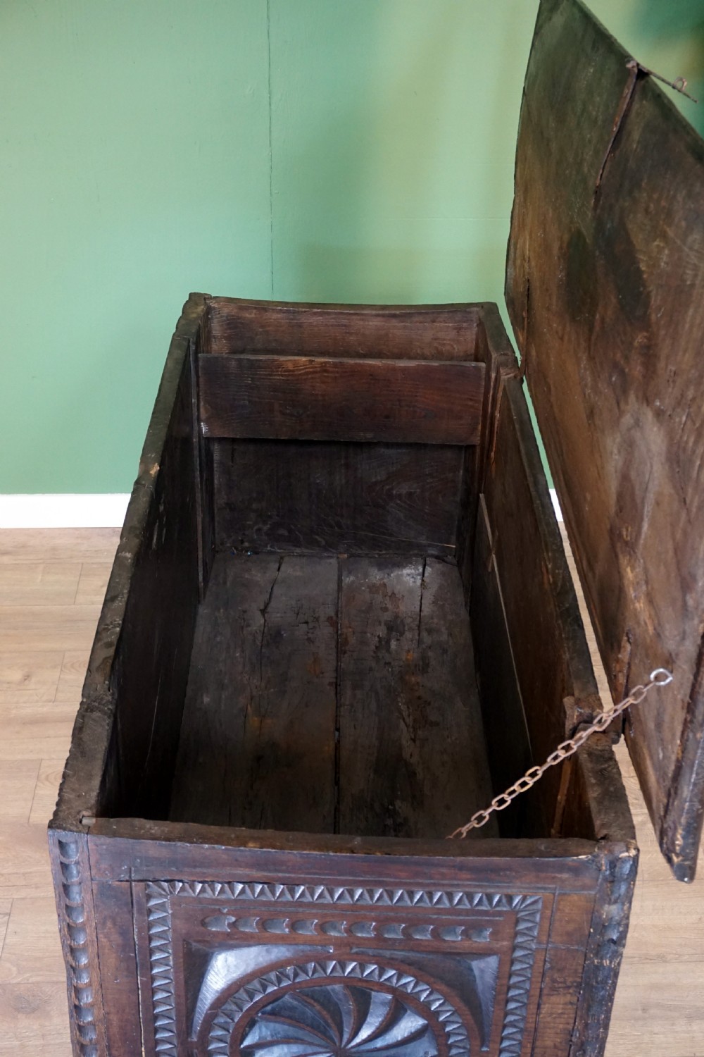 A Monumental chip carved Early English oak Coffer  View VI