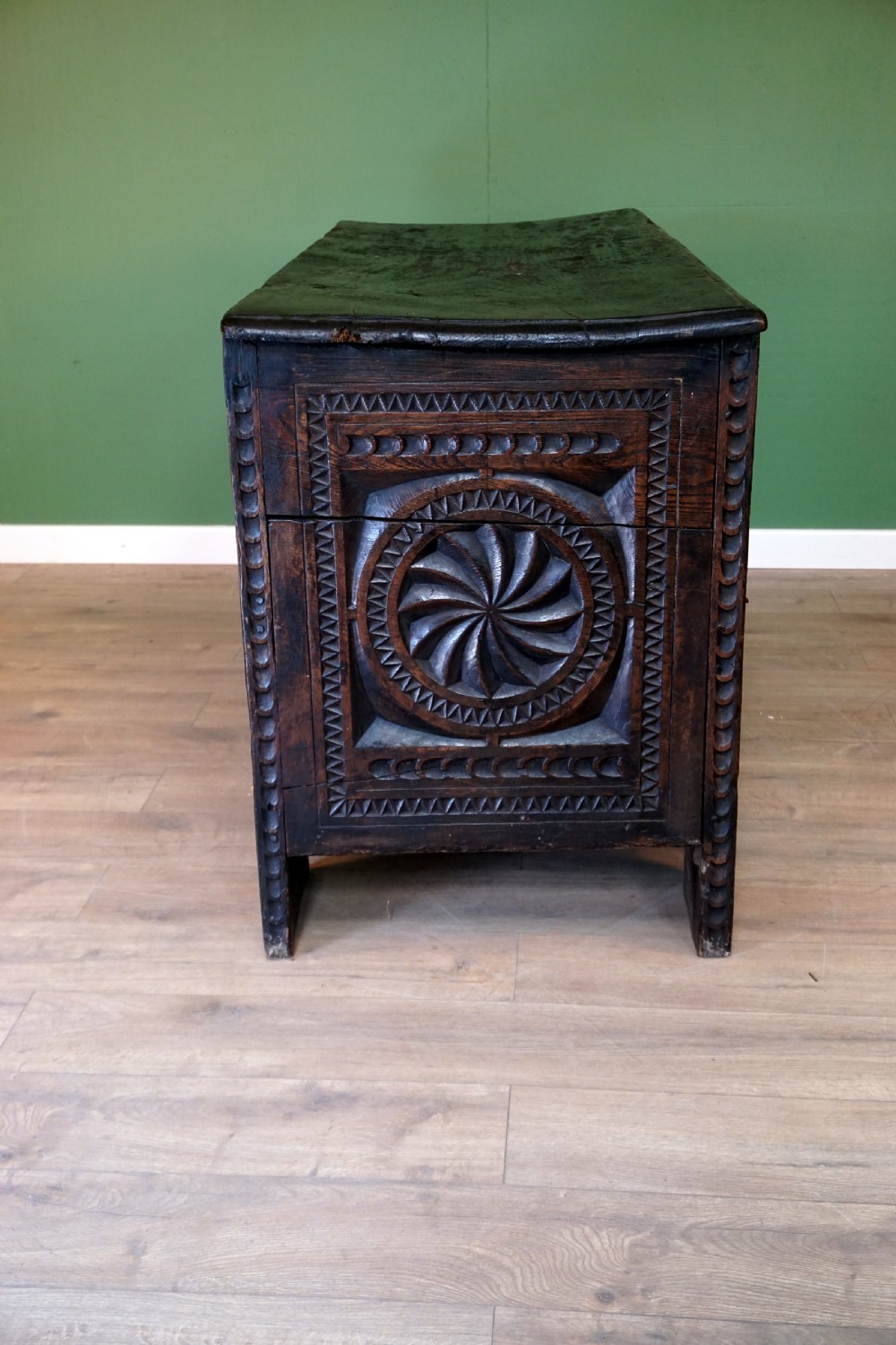 A Monumental chip carved Early English oak Coffer  View VIII