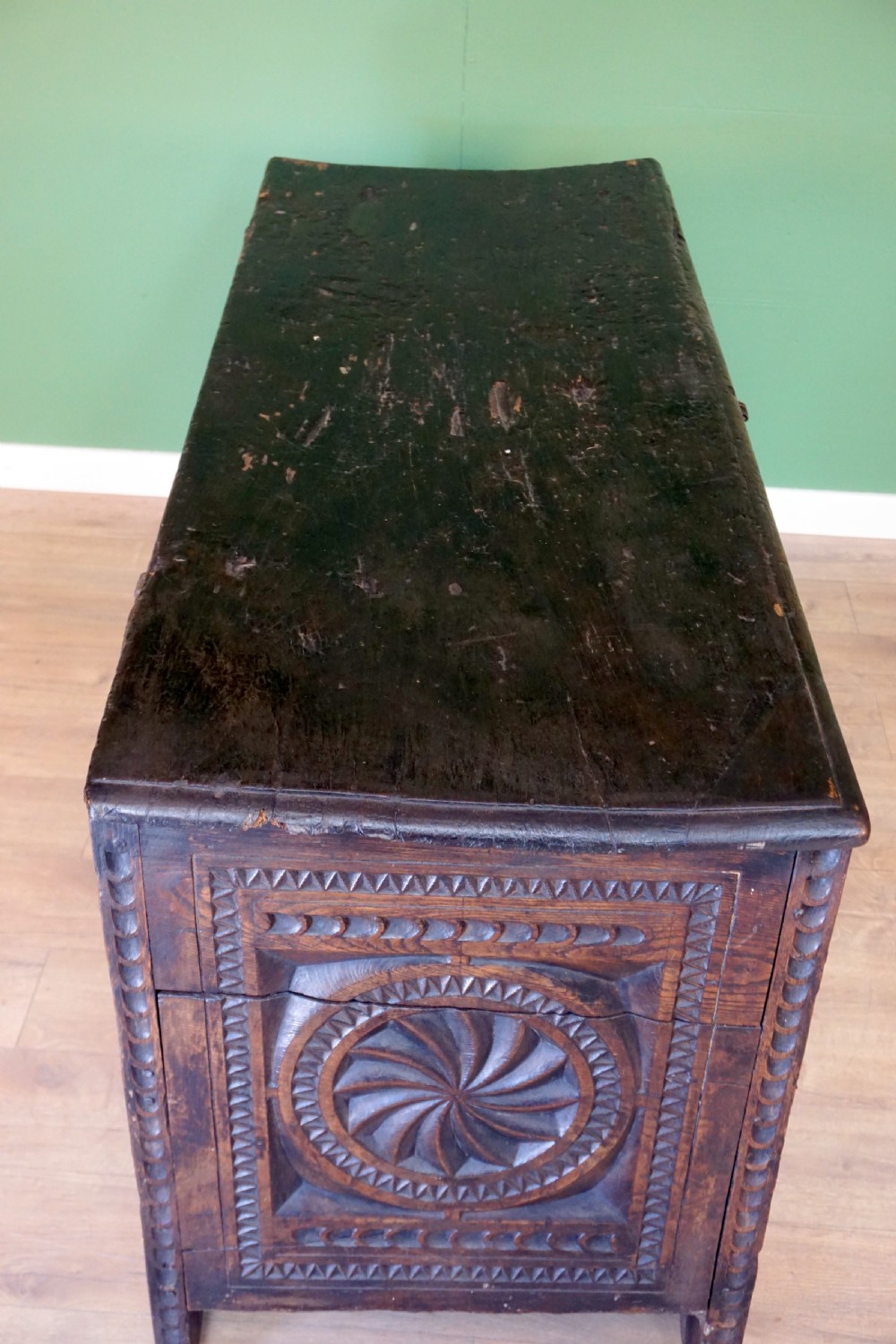 A Monumental chip carved Early English oak Coffer  View IX