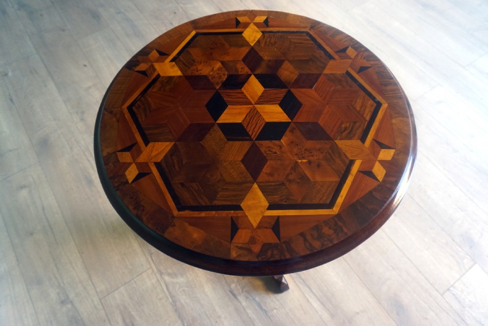 An absolutely stunning tripod tilt top specimen wood inlaid table View II