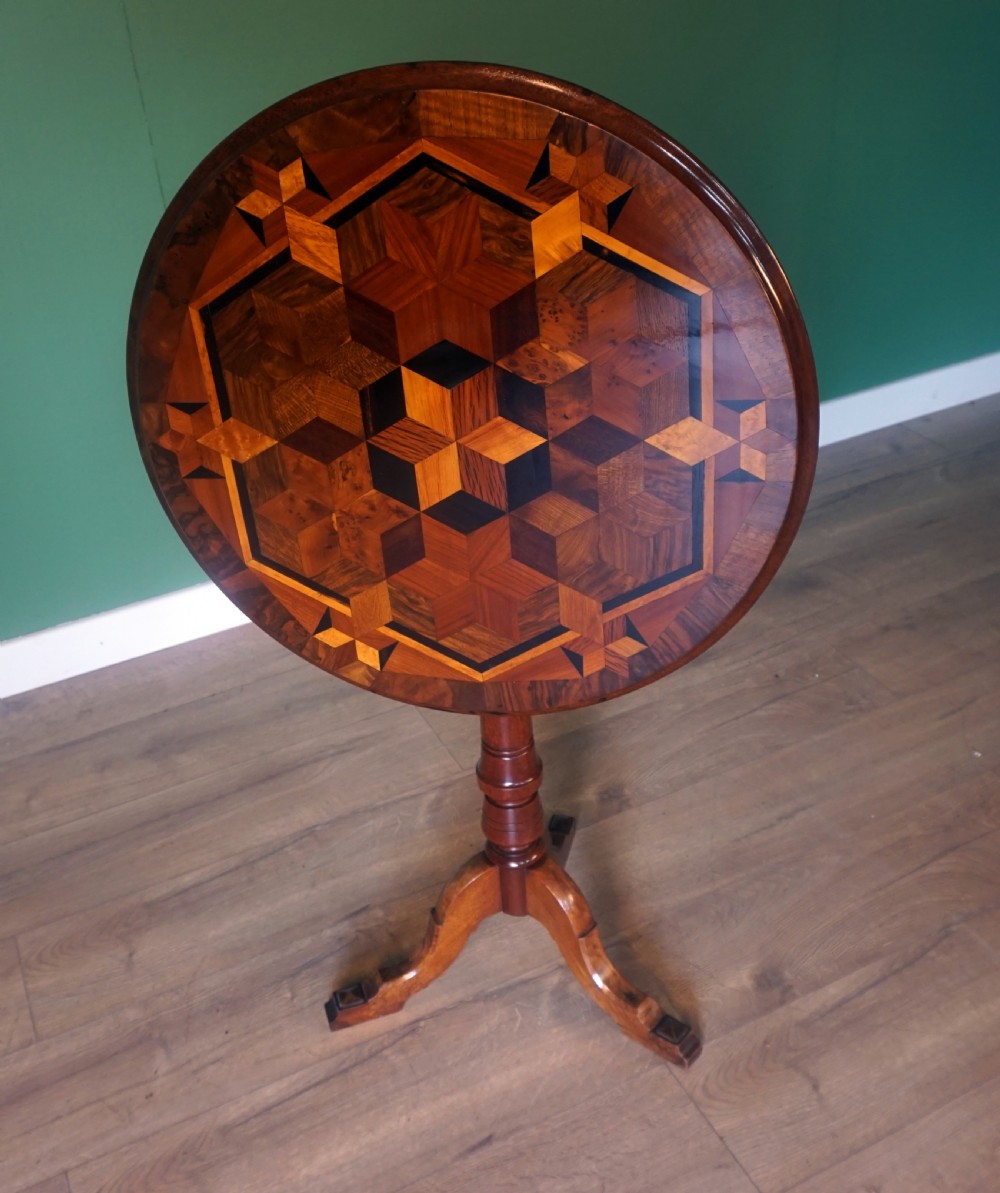 An absolutely stunning tripod tilt top specimen wood inlaid table View IV
