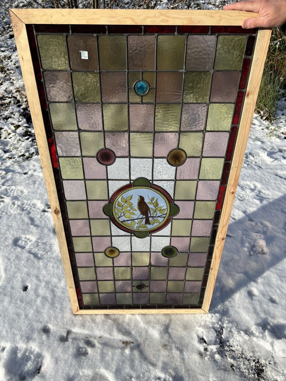 Antique leaded and painted glass bird window