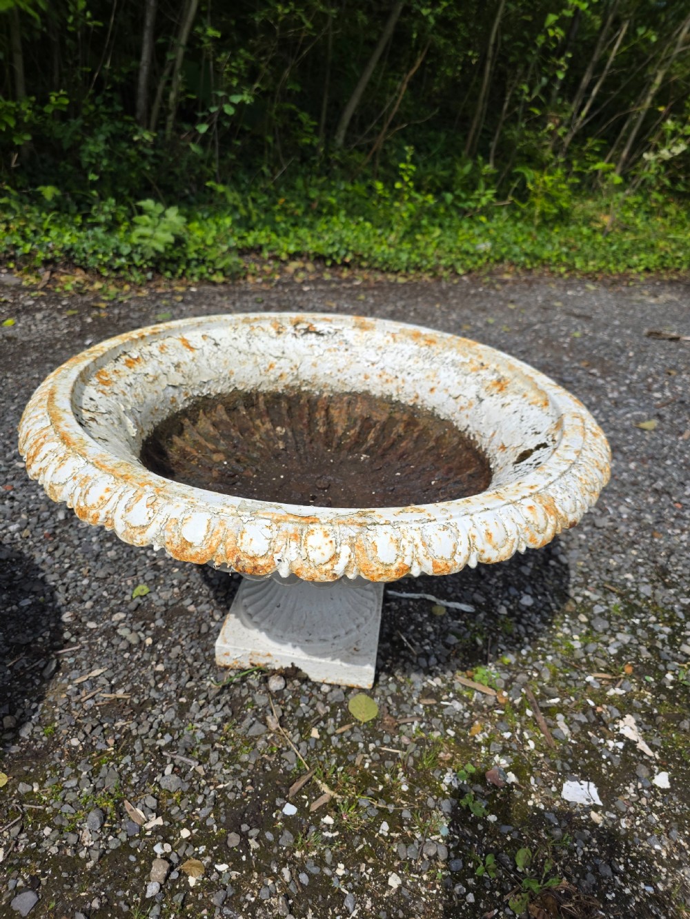 A pair of Victorian cast iron tazza garden urns with fluted basins and weathered white paint. View IX