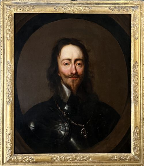 oil on canvas portrait of king charles i half length wearing armour and the badge of the order of the garter after sir anthony van dyke - CATEGORY: ANTIQUE ART - DATED 17TH CENTURY
