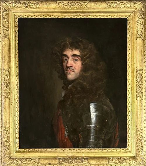 fig 1. A half-length portrait painting of a 17th-century man with dark curling hair, wearing steel plate armour and a red sash against a dark background.
