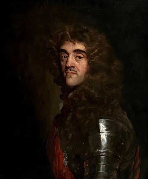 fig 3. A half-length portrait painting of a 17th-century man with dark curling hair, wearing steel plate armour and a red sash against a dark background.
