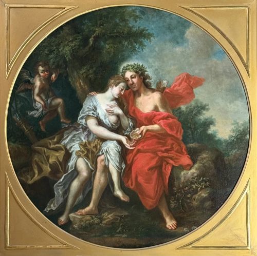fig 1. A pair of square gilded frames housing circular 18th-century classical oil paintings depicting mythological figures in landscape settings.