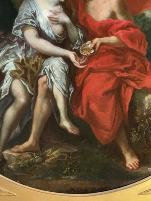 fig 3. A pair of square gilded frames housing circular 18th-century classical oil paintings depicting mythological figures in landscape settings.