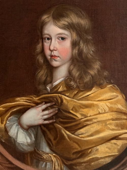 17TH CENTURY ENGLISH SCHOOL PORTRAIT - A BOY WITH YELLOW SILK  DRAPERY