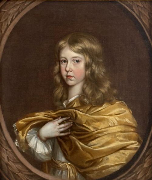 fig 6. A 17th-century oil portrait of a young boy with long curled hair draped in golden-yellow silk, set within a painted trompe loeil oval border.