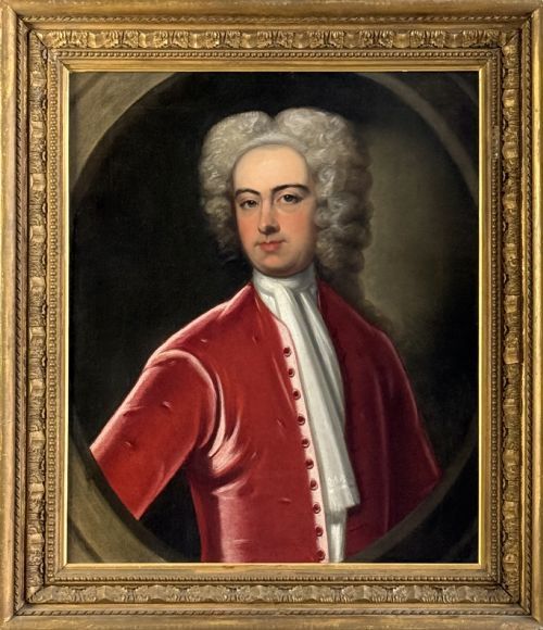 fig 3. An early 18th-century oil portrait painting on canvas depicting a gentleman in a red coat and powdered wig within a feigned oval composition.