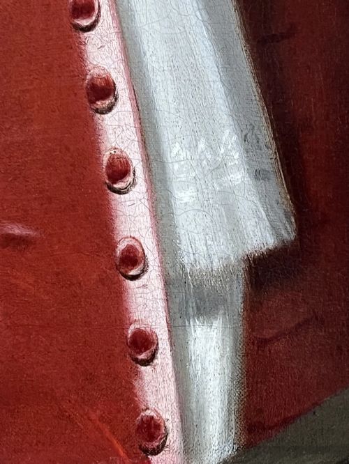 fig 4. An early 18th-century oil portrait painting on canvas depicting a gentleman in a red coat and powdered wig within a feigned oval composition.