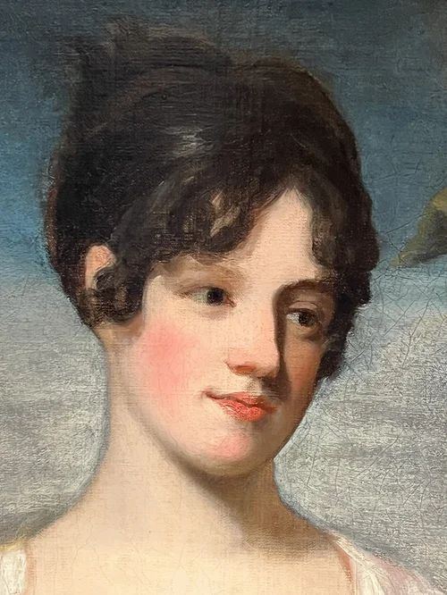 fig 2. An oil painting on canvas in an ornate gilt frame depicting a young lady in a white dress having her palm read by a fortune teller in a red hood.