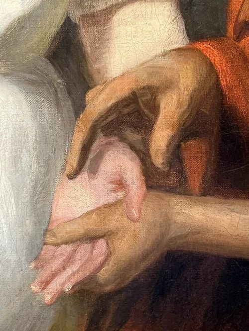 fig 3. An oil painting on canvas in an ornate gilt frame depicting a young lady in a white dress having her palm read by a fortune teller in a red hood.