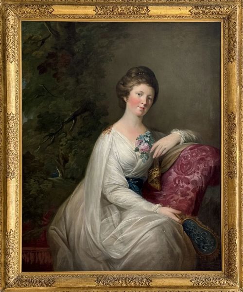 fig 1. An 18th-century oil painting depicting a seated woman in a draped white gown holding a floral corsage and an oval object beside a pink cushion.