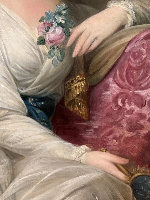 fig 3. An 18th-century oil painting depicting a seated woman in a draped white gown holding a floral corsage and an oval object beside a pink cushion.